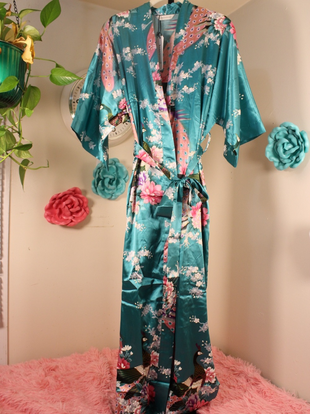 Teal Floral Satin Kimono Robe with Crane Motif